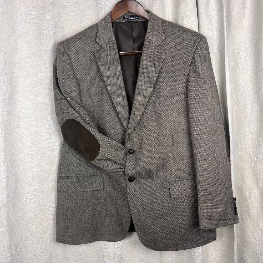 Stafford Signature wool blend tweed 2-button blazer elbow patch brown sport coat